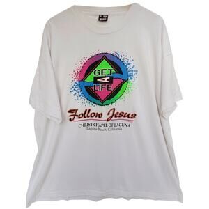 Vintage Follow Jesus Graphic Tee Mens XXL White Christian Laguna Beach Faith Tee